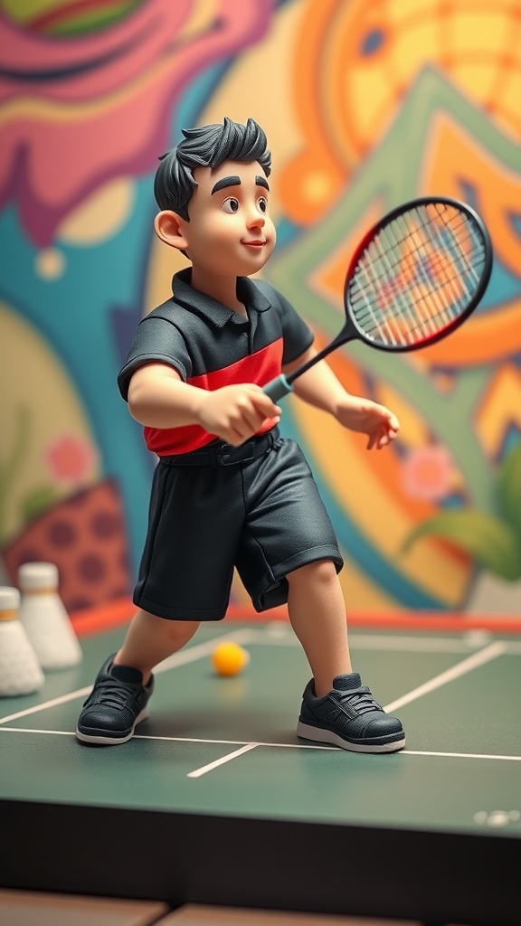 A 3D cake featuring a badminton player in action, surrounded by vibrant colors.