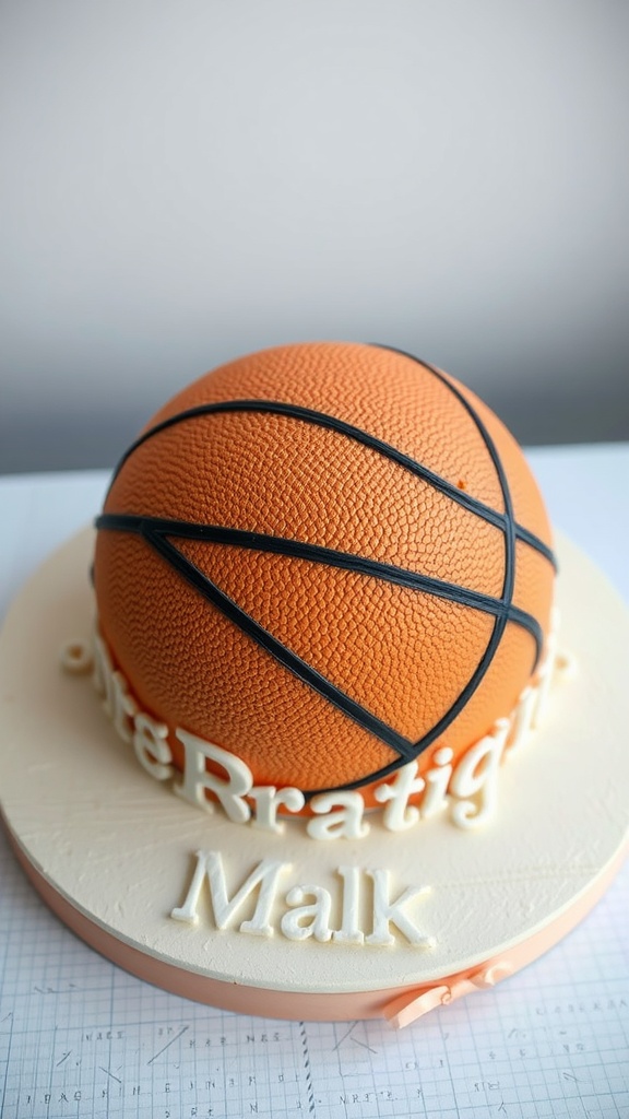 A detailed 3D basketball cake with a realistic orange basketball design and white base.
