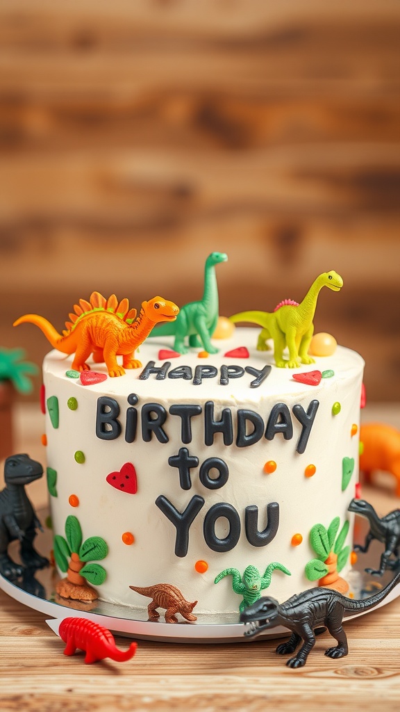 A birthday cake decorated with colorful dinosaur figures and the words 'Happy Birthday to You'