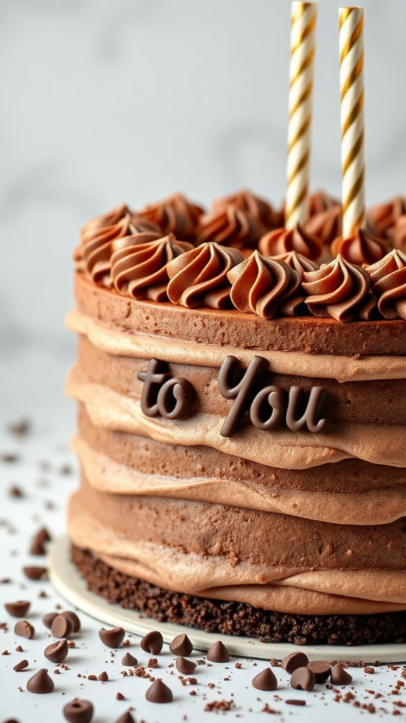 A delicious chocolate mousse cake with swirled frosting and a message 'to You' on top.