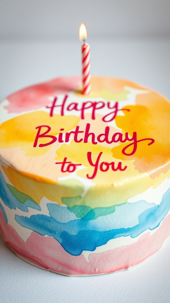 Artistic watercolor birthday cake with candle and text 'Happy Birthday to You'.
