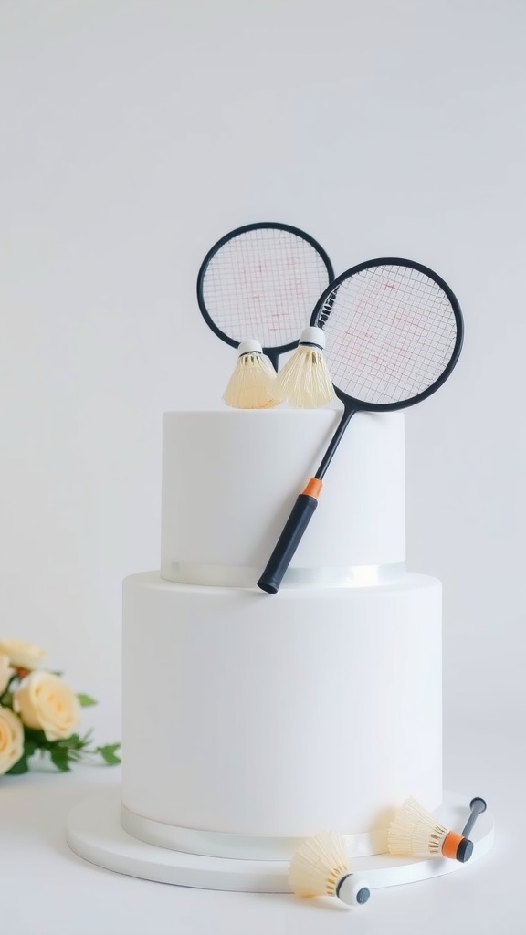 A two-tiered white wedding cake with badminton rackets and shuttlecocks on top.