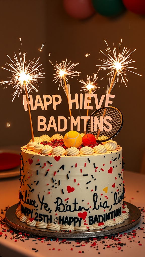 A badminton-themed cake with sparklers, featuring decorations like a racquet and colorful balls.
