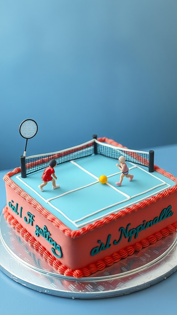 A badminton-themed cake featuring a court, players, and a net.