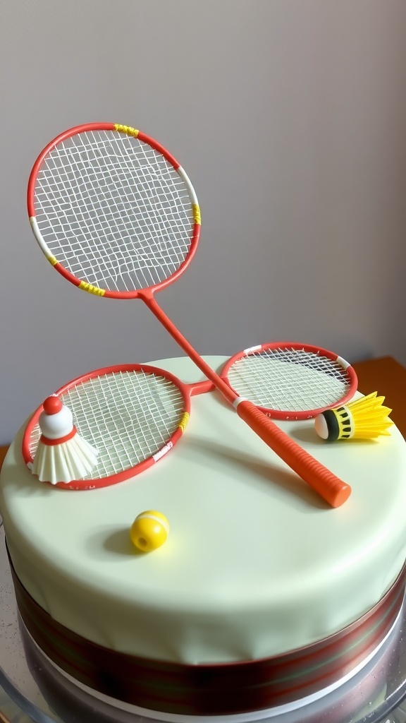 A cake decorated with badminton equipment, including rackets and shuttlecocks.