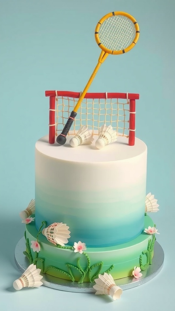 A badminton-themed cake with a net and racket topper.