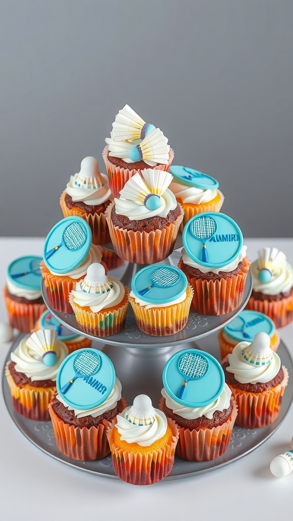 A display of badminton-themed cupcakes with colorful frosting and decorations.