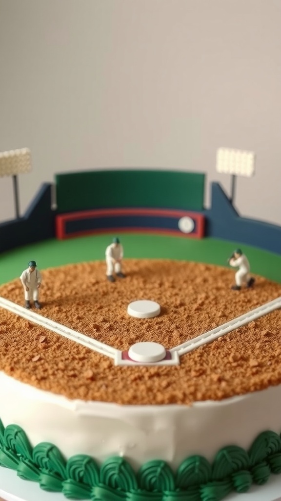 Baseball diamond cake decorated with fondant players on a green field.