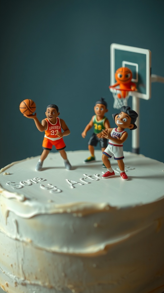 Basketball-themed birthday cake with fondant figurines of players and a basketball hoop