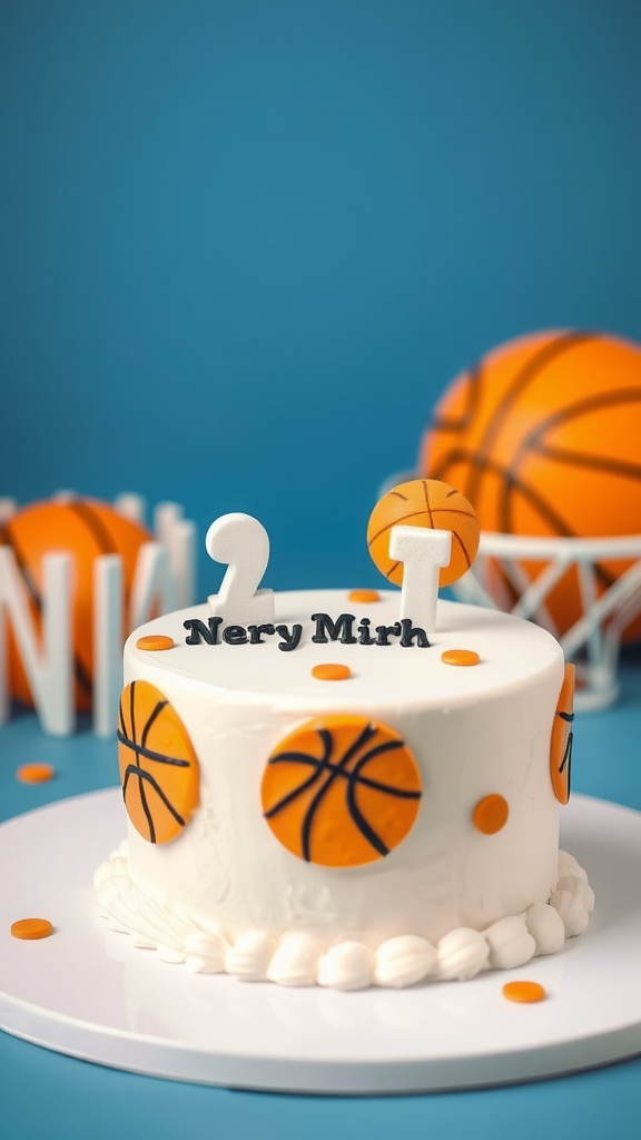 A basketball-themed smash cake with orange and black decorations, featuring a playful design.