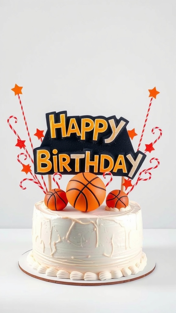A basketball-themed birthday cake with a 'Happy Birthday' banner and basketball decorations.