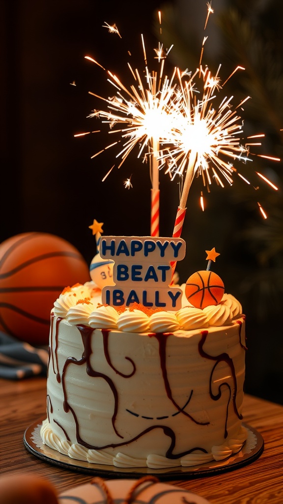 A basketball-themed birthday cake with sparklers on top, showcasing festive decorations.