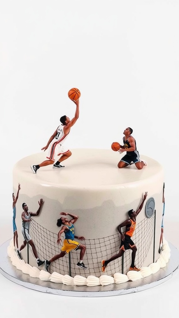 Basketball-themed birthday cake with edible images of players in action