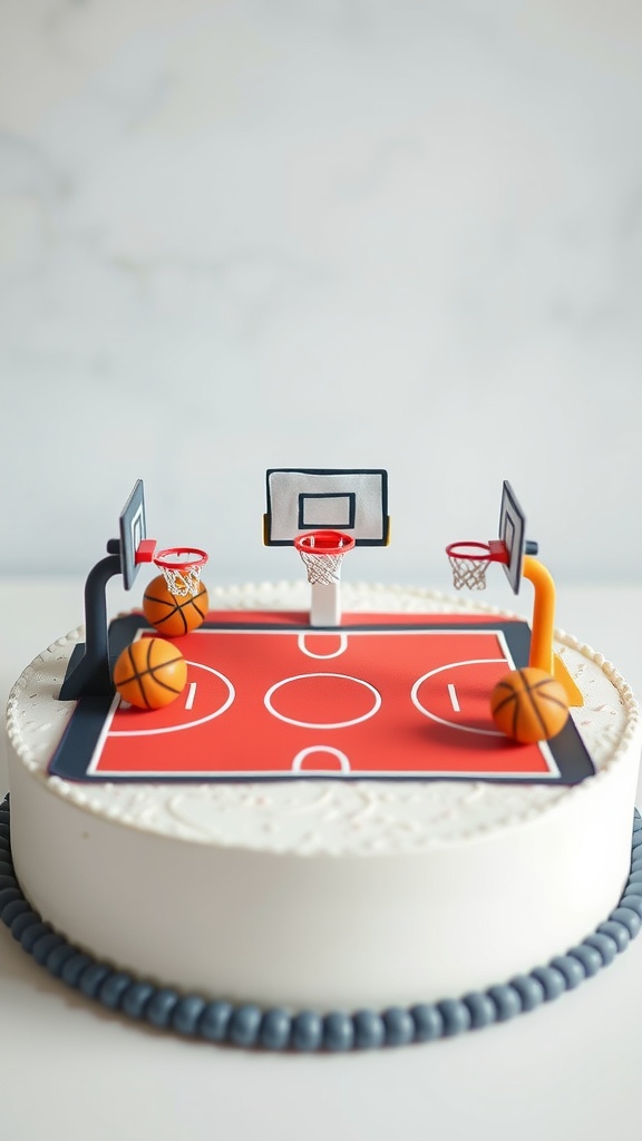 A basketball court themed cake featuring hoops and basketballs on a red court.