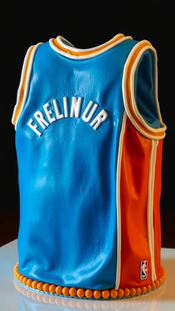 A cake shaped like a basketball jersey in blue and orange colors.