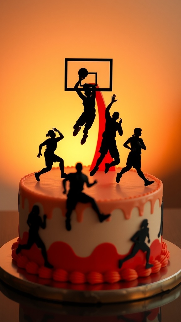 A basketball-themed birthday cake featuring silhouettes of players in action