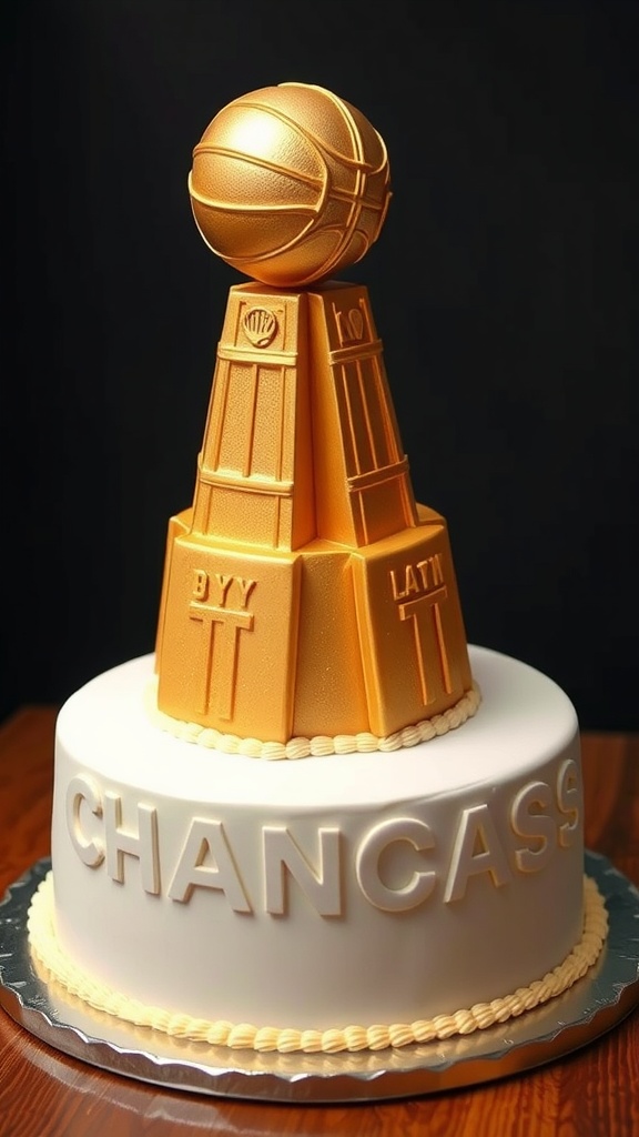 A cake designed to look like a basketball trophy with a golden basketball on top.