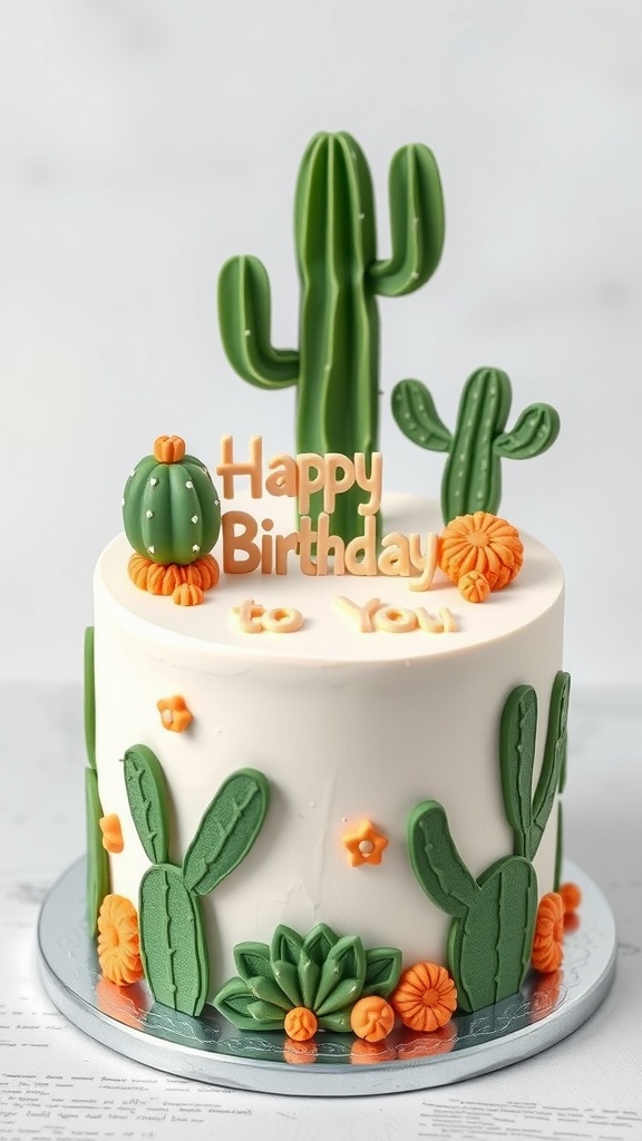 A cactus themed birthday cake with decorations and the message 'Happy Birthday to You'
