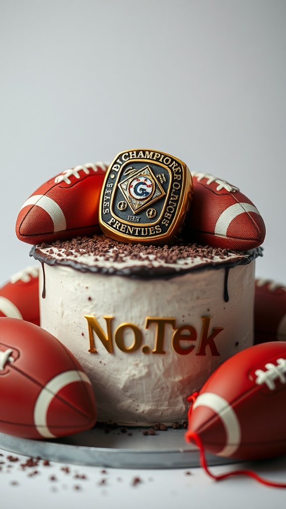 Football themed birthday cake with a championship ring and mini footballs