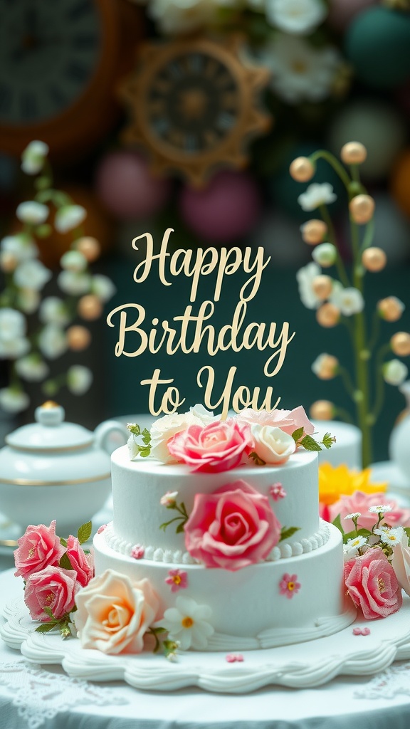 A beautifully decorated birthday cake with roses and a sign saying 'Happy Birthday to You'.