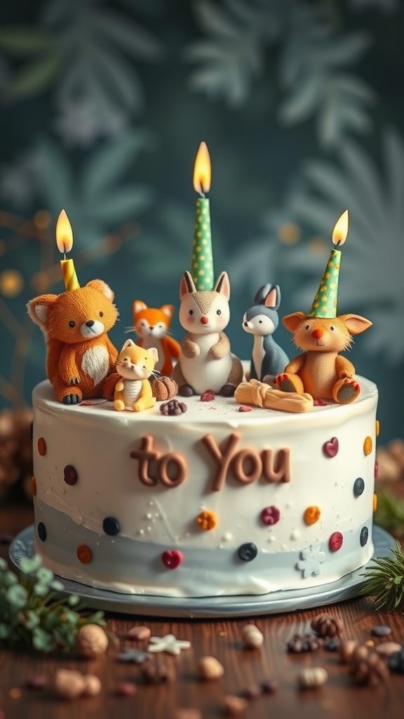 A charming woodland creature birthday cake with cute animal figurines and candles.