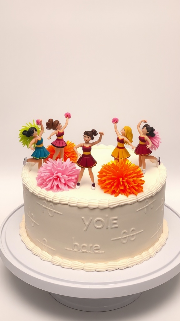 A cake decorated with cheerleader figures and colorful pom poms on top.