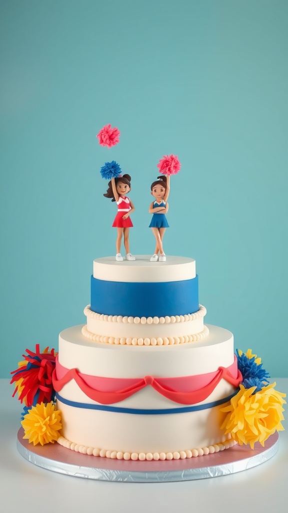 A cheerful three-tiered birthday cake decorated with cheerleading figurines and colorful pom-poms.