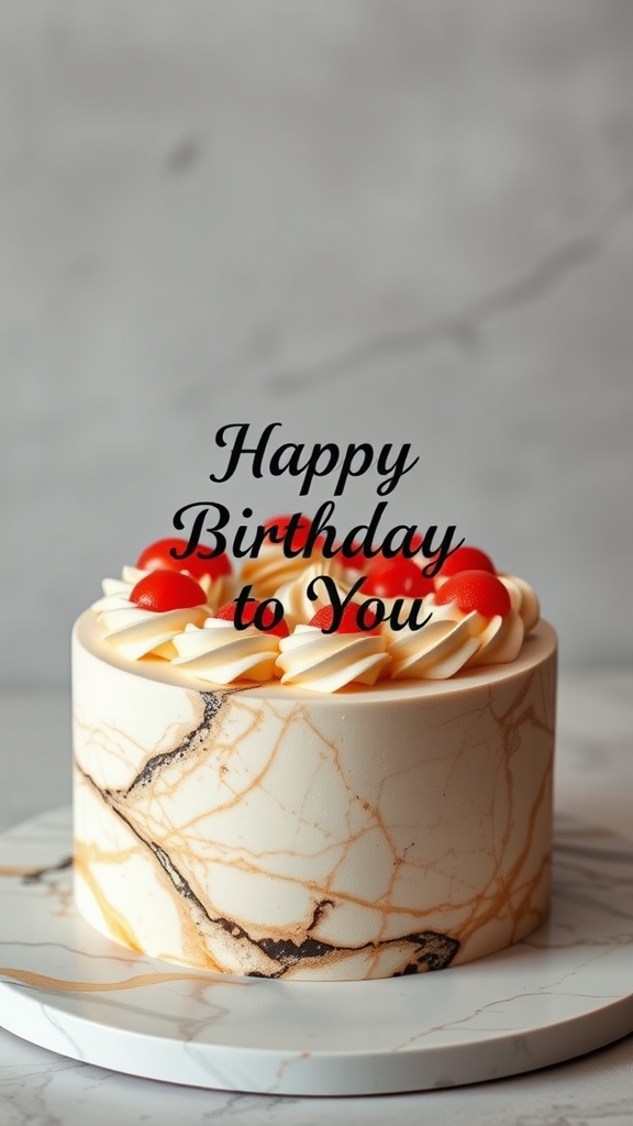 A chic marble cake with the text 'Happy Birthday to You' decorated with red cherries and cream frosting.
