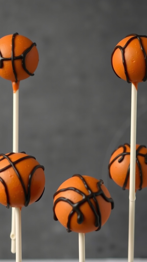 Chocolate basketball cake pops on sticks