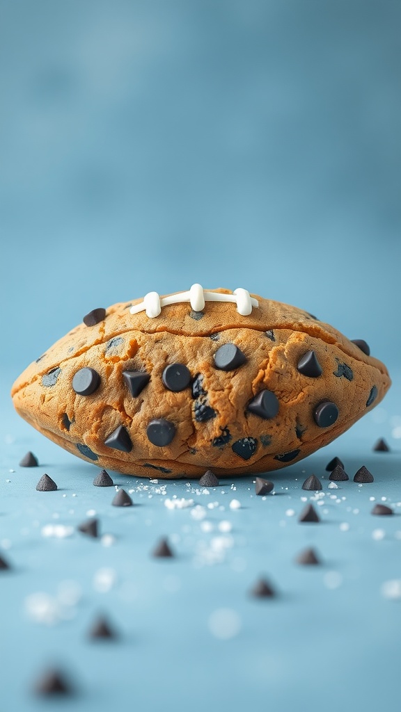 Chocolate chip cookie shaped like a football with chocolate chips scattered around.