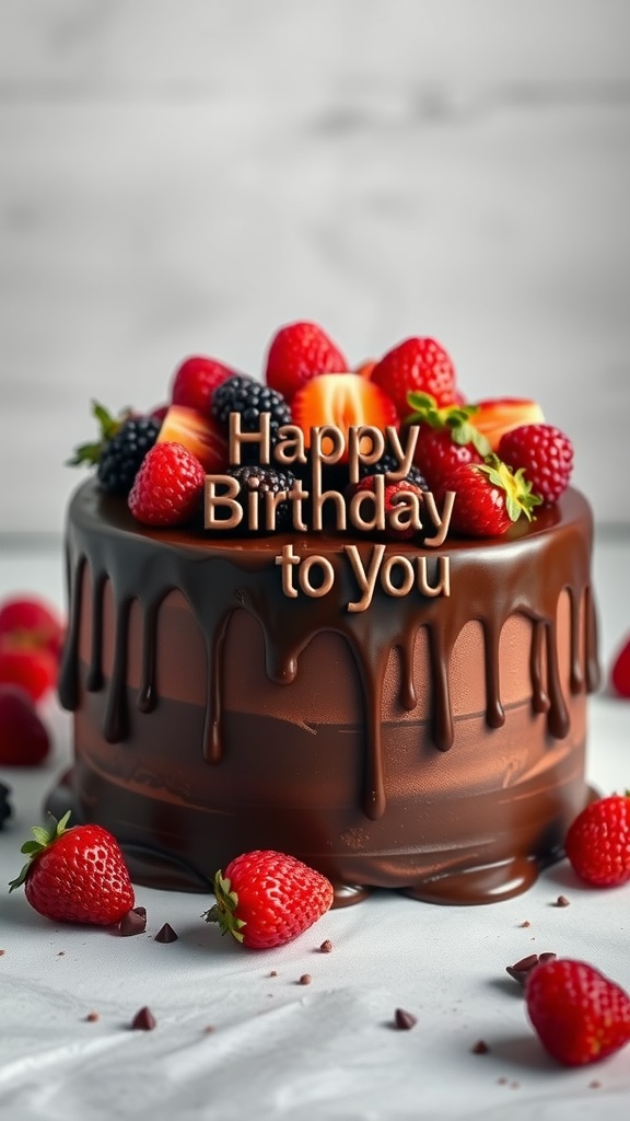 Chocolate drip cake decorated with fresh berries and a birthday message