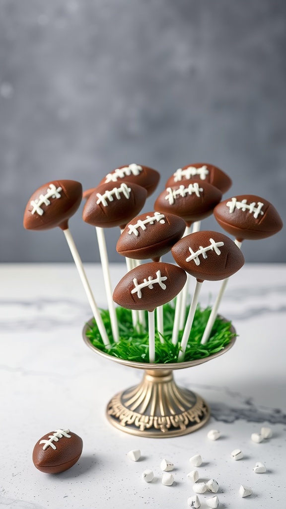 Chocolate football cake pop treats arranged in a decorative stand