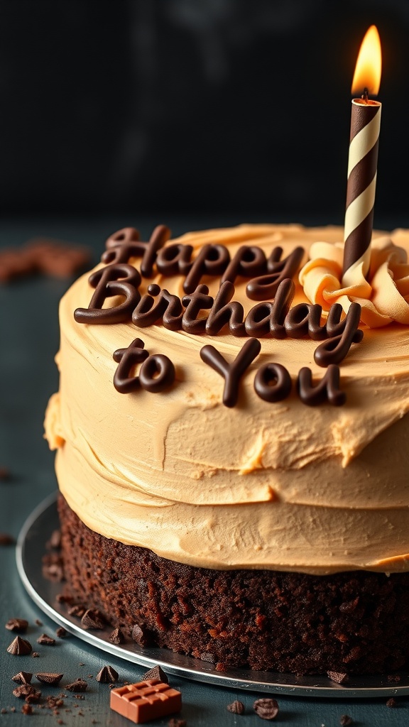 A chocolate peanut butter birthday cake with frosting and a candle
