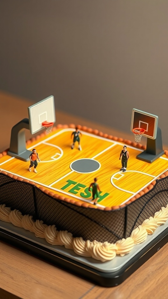 Basketball-themed birthday cake designed like a basketball court with figurines and hoops.