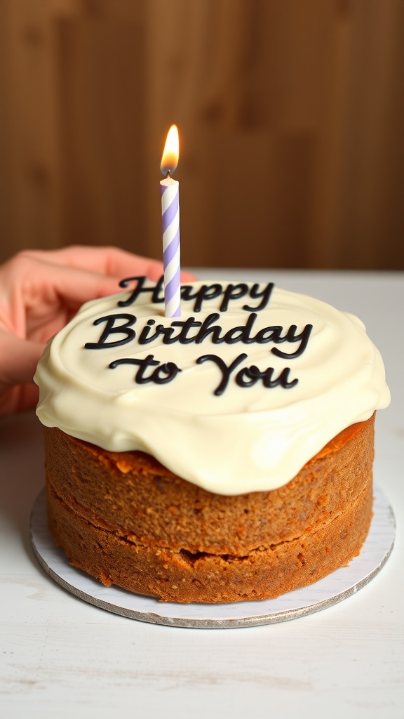 A beautifully decorated carrot cake with a candle and the text 'Happy Birthday to You'