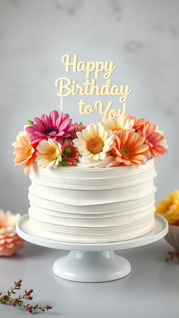 A classic vanilla buttercream cake decorated with colorful flowers and a 'Happy Birthday to You' sign.