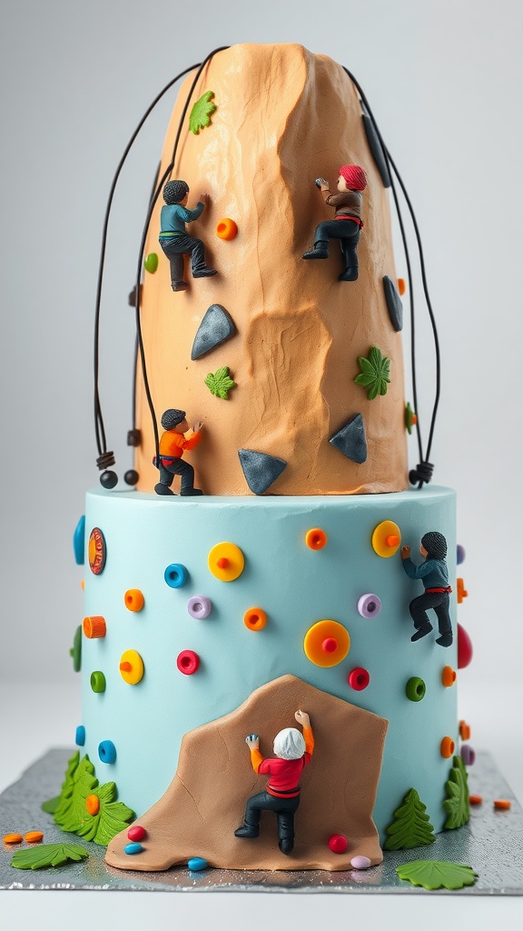 A two-tiered cake designed like a climbing gym, featuring climbers, colorful holds, and a rocky design.