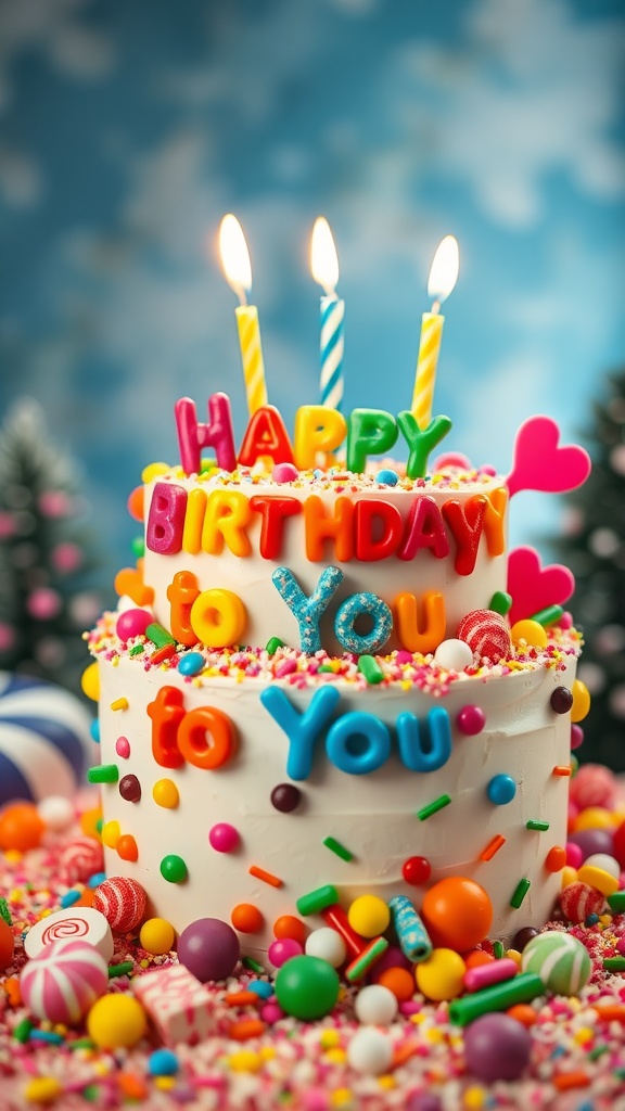 A colorful birthday cake with the words Happy Birthday to You, surrounded by various candies and sprinkles.