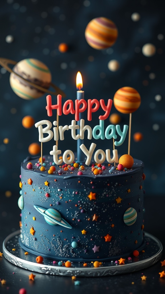 Space-themed birthday cake with planets and 'Happy Birthday to You' decoration