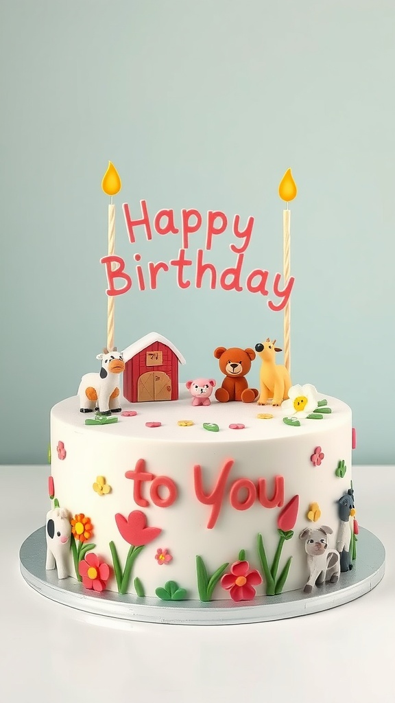 A cute birthday cake featuring farm animals and a 'Happy Birthday to You' design.