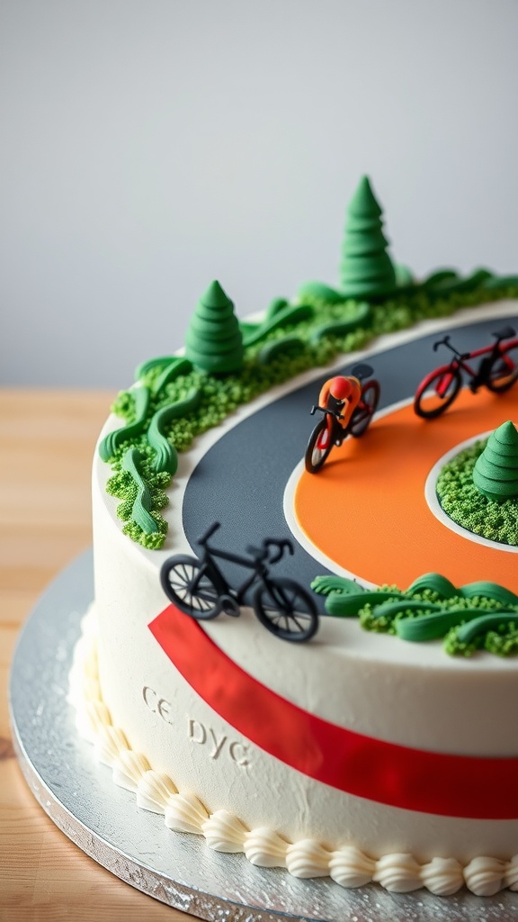 A cake designed like a cycling track with miniature bicycles and greenery