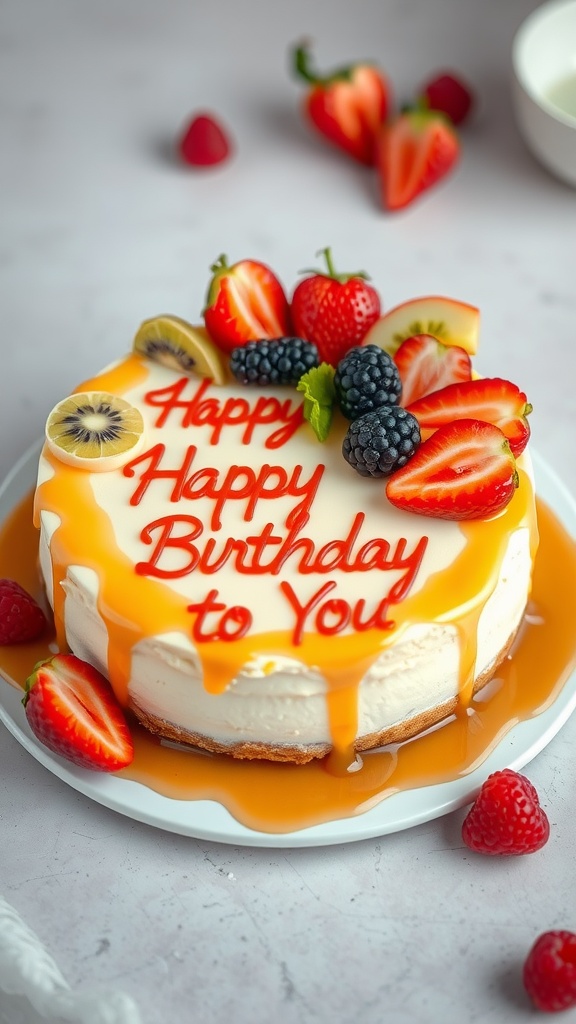 Cheesecake decorated with fresh fruits and 'Happy Birthday to You' message
