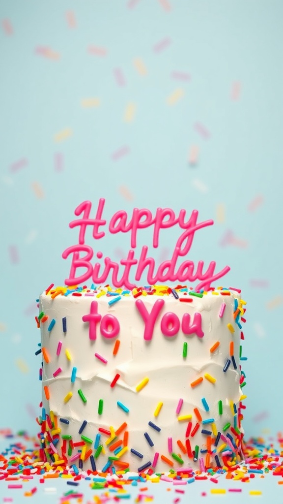 A white birthday cake topped with colorful sprinkles and a pink 'Happy Birthday to You' sign