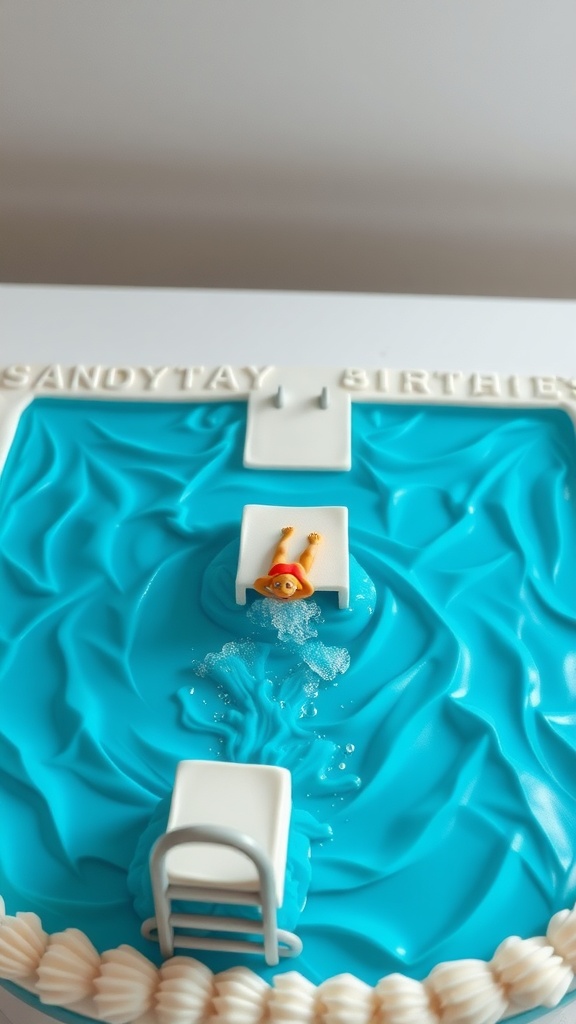 A diving board cake featuring a swimmer and blue icing resembling water.