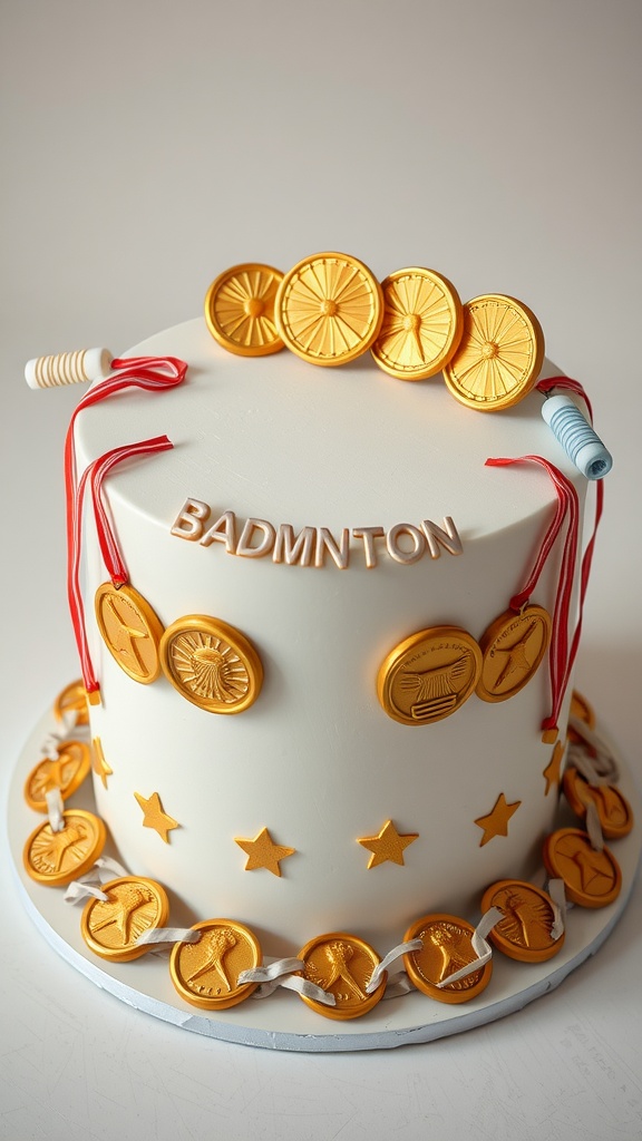 A badminton-themed cake featuring golden medals and shuttlecocks.