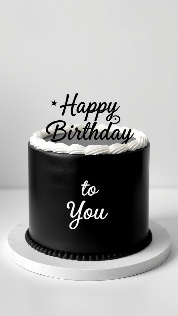 A black and white birthday cake with a decorative 'Happy Birthday to You' topper