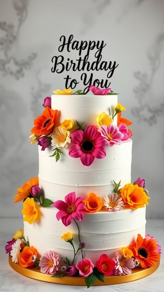 Elegant floral tiered cake with the words 'Happy Birthday to You' on top, decorated with colorful flowers