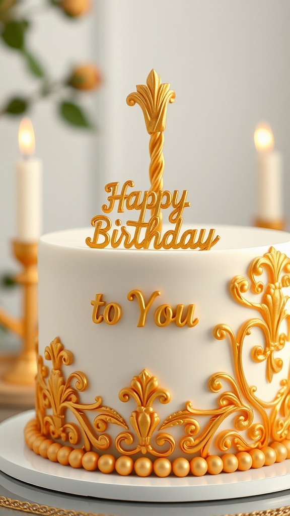 Elegant gold and white birthday cake with decorative elements and a 'Happy Birthday to You' topper