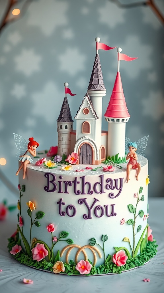 A beautifully crafted fairy tale birthday cake featuring a castle, fairies, and flowers, with the text 'Birthday to You'.