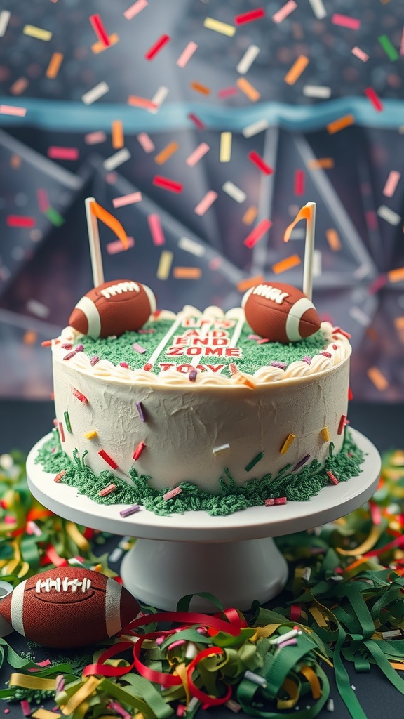 A football themed birthday cake designed to look like an end zone, decorated with green icing, footballs, and colorful sprinkles.
